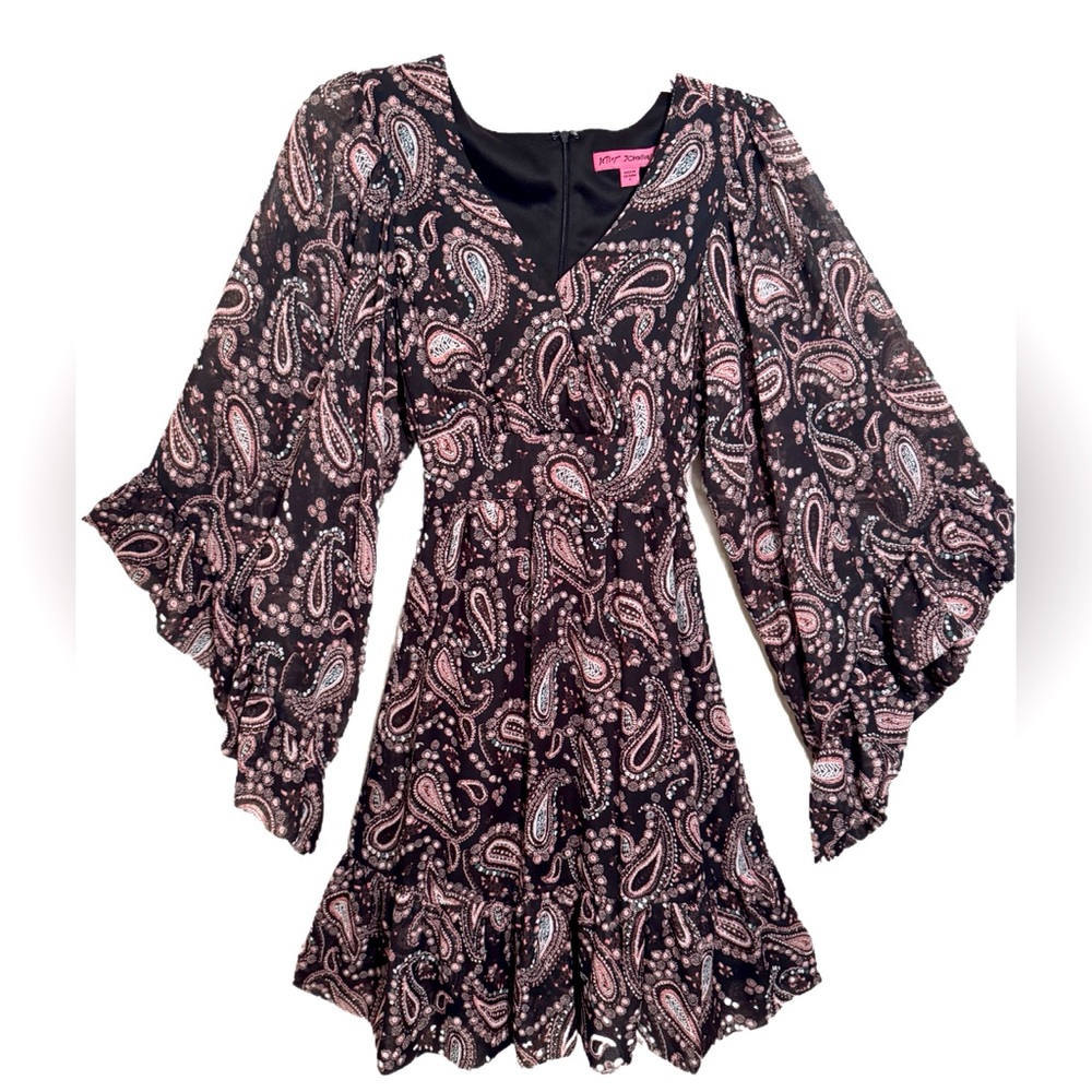 Betsey Johnson Women’s Black and Pink Paisley Boho Bell sleeve dress Size 6